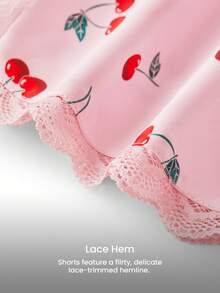 LUVLETTE Silky Satin Lace Trim V-Neck Vacation Cherry Patterned Camisole Top & Shorts Airy Loungewear Airy Pajama Set Subersive Sexy Christmas & New Years Pajamas Style 2025