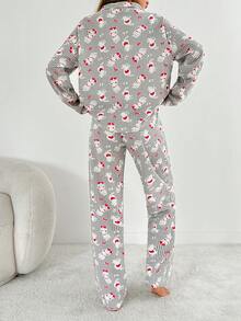 2Pcs Cotton Collar Detail Printed PJ Set - Multicolor - View 2