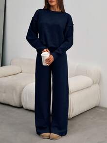 EURMUSE Women Round Neck Rib Knitted Sweater And Sweater Pant 2pcs Sets Co-Ord - Navy Blue - View 5