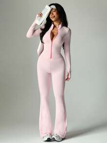 Dewbera بدلة رياضية للنساء لفصول الخريف/الشتاء/الربيع، تتكون من: جاكيت بسحاب كامل بأكمام طويلة ضيق مع فتحة للإبهام وشريط تباين، مقترنة بسروال ضيق بخصر عالي وتصميم لوحات تباين اللون. مناسبة للارتداء اليومي العادي، الجري، اليوغا، الجيم، التنس، إلخ. - وردي - مشاهدة 2