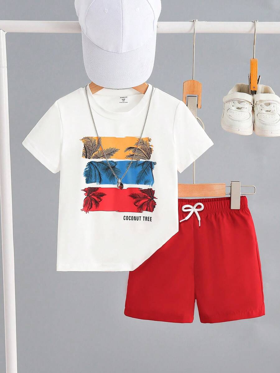 SHEIN 2pcs Young Boy Hawaiian Coconut Tree Print Short Sleeve T-Shirt & Shorts Set, Casual Beach Outfit, School, Campus, College Summer Holiday - Multicolor - View 1