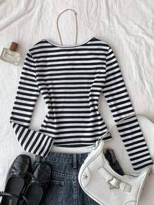 Tween Girls Long Sleeve T-Shirts, Suitable For Valentine's Day, Loungewear, Clean Girl, American BM Style, Y2K, Black & White Striped Knit U-Neck