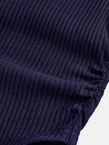 SHEIN 青少年女孩休闲街头风格褶皱 U 领长袖罗纹针织修身 T 恤和褶皱阔腿运动裤套装，适合居家、户外、学校，海军蓝 - 藏蓝色 - 查看 5