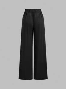 Sweetra 秋季女士简约长袖衬衫和直筒裤两件套办公室套装 - 黑色 - 查看 4