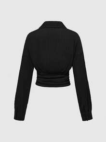 ROMWE Grunge Punk Urban Chic Textured 3D Striped Cinched Waist Women's Shirt - Black - View 2