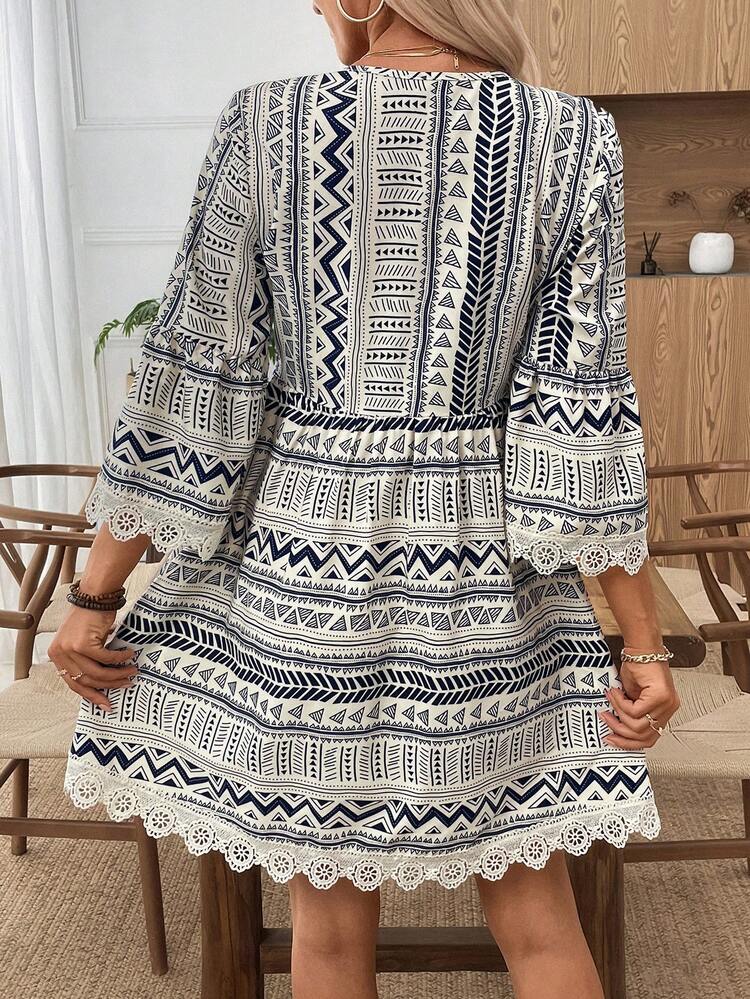 Women's Fashionable Casual Printed V-Neck 3/4 Sleeve Short Dress Women Dresses Autumn Winter  One-Piece Dress Ladies Autumn Winter Cozy Fall And Winter Clothes For Women  New Year Dress