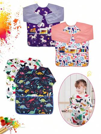 1/2pcs Kids Art Smocks Dinosaur Painting Apron For Children Waterproof Artist Smock With Long Sleeve And 3 Pockets For Age 3-8 Years