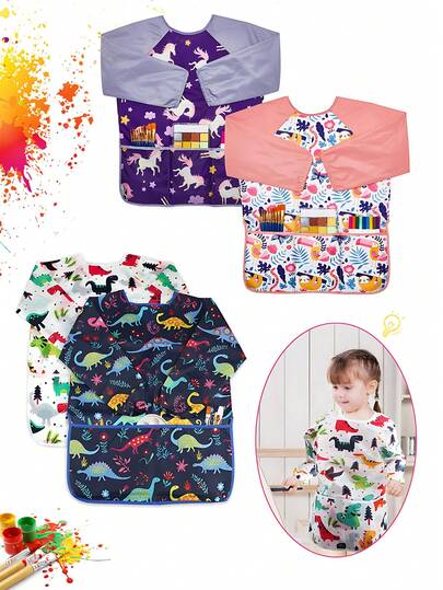 1/2 piezas Batas de arte para niños con diseño de dinosaurio, delantal impermeable para artistas con mangas largas y 3 bolsillos para niños de 3 a 8 años