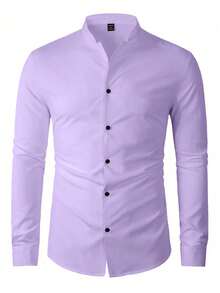 Manfinity Mode Men Solid Color Stand Collar Long Sleeve Casual Shirt, For Fall - Mauve Purple - View 5