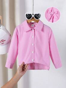 SHEIN 1 件女童翻领长袖纽扣条纹衬衫，正面绣有图案，秋季休闲上衣 - 粉色 - 查看 6