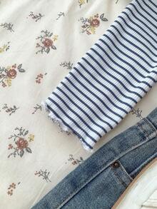 SHEIN Áo thun croptop tay dài cổ tròn kẻ sọc đơn giản dành cho bé gái tuổi mới lớn, áo thun tay raglan kẻ sọc - Màu xanh hải quân - Xem 5