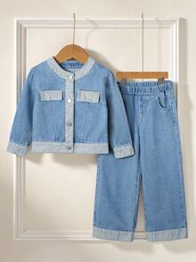 2pcs Young Girl Denim Jacket And Pants Set - Medium Wash - View 2