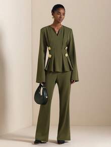 Lyxana Bell Sleeve Shirt & Flared Pants Set With Metal Decor - Army Green - View 7