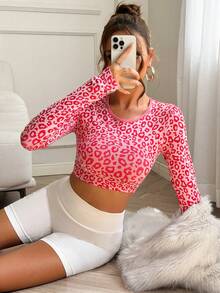 SHEIN Sports 红色性感露背长袖豹纹女式运动上衣，适合跑步、健身、锻炼 - 玫紅色 - 查看 3