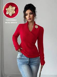 Elenzga Women's Elegant Casual Commuter Fashion Folded Collar Long Sleeve Decorative Button Knit Sweater, Autumn/Winter - Red - View 1