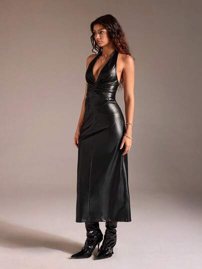 SHEIN TRNDY 1 pezzo Abito midi nero da donna, adatto per feste, San Valentino, appuntamenti, uso quotidiano, shopping, in pelle PU con scollo a V profondo, arricciato, senza maniche, schiena scoperta, midi, sexy e alla moda, adatto per l'ufficio