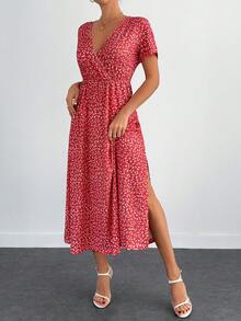 EURMUSE Women's Summer Vacation Ditsy Floral Surplice Neck High Slit Waist Tie Dress - Red - View 3