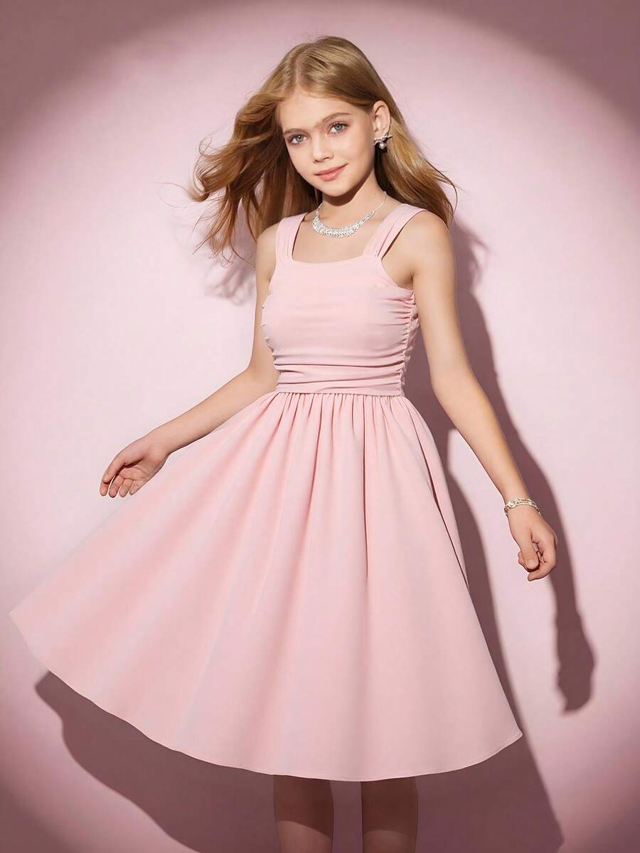 青少年女孩优雅可调节肩带腰部中长连衣裙 - 淺粉色 - 查看 1