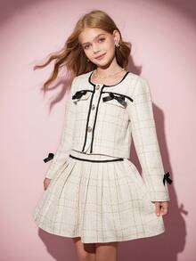青少年女孩 T 恤套装，休闲优雅百搭，粗花呢夹克套装，搭配蝴蝶结夹克和迷你裙白色套装