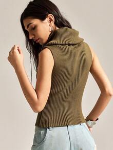 Easelle Áo len cổ lọ màu xanh ô liu không tay thời trang dành cho nữ, màu trơn, có gân, cắt cúp - xanh quân đội - Xem 2