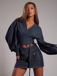 NYA SZN 上衣长袖超大牛仔短款裹身领带细节日常休闲商务休闲办公室教师端庄教堂夜间外出秋冬适合女性通勤服装 - 深色水洗藍 - 查看 4