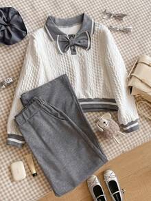 青少年女孩休闲可爱时尚纹理面料学院风海军蓝领针织两件套 - 灰色 - 查看 1