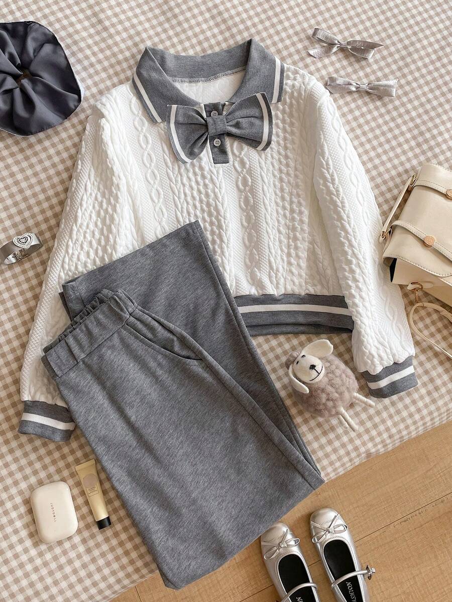 青少年女孩休闲可爱时尚纹理面料学院风海军蓝领针织两件套 - 灰色 - 查看 1