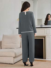 Modelyn 2 件套女式撞色饰边 3D 花卉装饰简约上衣和裤子套装 2 件套 - 灰色 - 查看 2