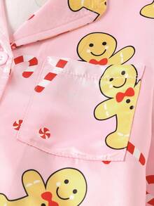 Christmas Family Matching,Girls Gingerbread Christmas Pajama Set, Long Sleeve Top And Pants, Cute Holiday Loungewear, Autumn/Winter Christmas Pajamas ,Tween Girl Pajamas Fall&Winter Clothings - Pink - View 4