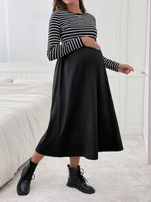 SHEIN 条纹纯色拼布长袖哺乳连衣裙 - 黑色 - 查看 4