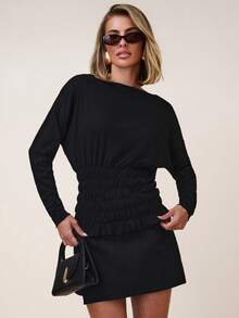 COSMINA Áo thun nữ tay dài cổ thuyền cánh dơi xếp ly thời trang màu trơn - màu đen - Xem 2