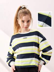JNSQ Tween Girls Thick Fleece Sweatshirt, Round Neck Pullover Sweatshirt With Fun Striped & Letter Print Pattern, Suitable For Autumn, Winter Daily Wear, Outdoor Activities, Vacation, Streetwear, Party And Casual - White - View 4