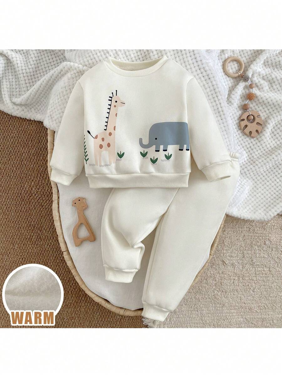 Loomiva 2pcs Baby Boy Cartoon Animal Print Crew Neck Long Sleeve Top And Elastic Waist Pants Set