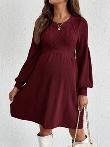 SHEIN 孕妇纯色圆领灯笼袖针织菱形图案腰部休闲毛衣连衣裙 - 酒紅色 - 查看 5