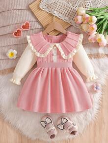 SHEIN Baby Girls Ruffled Collar Floral Knitted Sweater Dress, Soft & Versatile Long Sleeve Princess Style Pullover Dress, Suitable For Autumn/Winter Holidays Collared Baby Girl Dress Pink Warm Dresses For Baby Girl Baby Girl Long Sleeve Dress Ruffle Long Sleeve Blouse Baby Girl Clothes Spring Fall - Pink - View 1