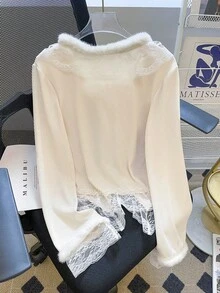SHEIN Franclia Lace Patchwork V-Neck Knit Sweater For Women, Unique French Style Fluffy Fitted T-Shirt, Autumn/Winter - Beige - View 2