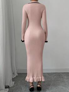 Elenzga Collared Color Block Trim Fitted Elegant Long Sleeve Sweater Dress - Pink - View 2