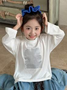 DAZY 女童圆领针织印花长袖T恤，秋季款 - 白色 - 查看 1