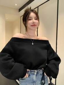 DAZY Women's Casual Off-Shoulder Loose Sweatshirt, Solid Color Basic Top With Thermal Lined, Long Sleeve, Suitable For Autumn And Winter - Black - View 5