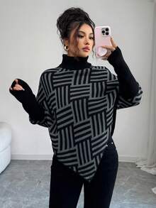 Elenzga Women's Elegant High Neck Geometric Textured Poncho Sweater, Colorblock, Suitable For Home & Travel, Spring/Autumn