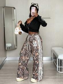 Coolane 女式 Y2K 抽绳腰斜口袋休闲图案运动裤 - 棕色 - 查看 6