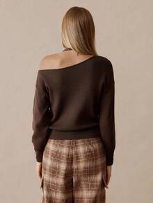 Chiquease Jersey de punto con hombro asimétrico descubierto, manga farol, jersey de mujer de otoño/invierno, jersey casual vintage con decoración de botones - Café integral - Ver 2