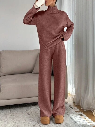 SHEIN Tall Women Relaxed Fit Turtle-Neck Sweater With Rib Knit Detailed And Straight Knit Pant Set