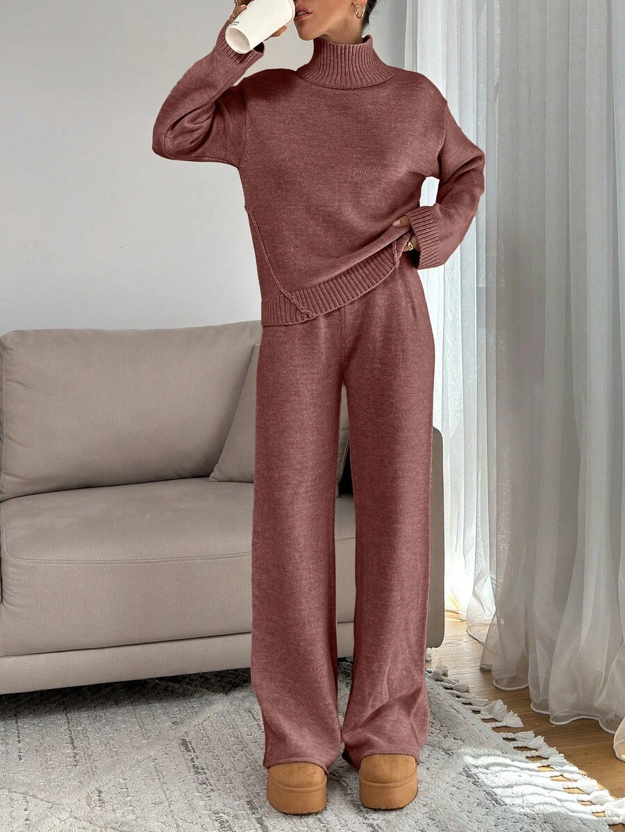 SHEIN Tall Women Relaxed Fit Turtle-Neck Sweater With Rib Knit Detailed And Straight Knit Pant Set, Tall Women - Dusty Pink - View 1