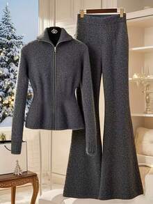 Franclia 2pcs Women Collared Zip Front Long Sleeve Top And Flared Straight Leg Pants Set, Suitable For Daily Wear - Grey - View 1