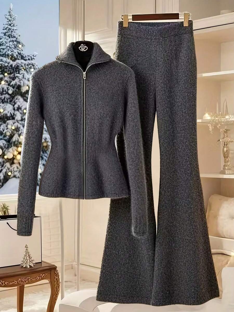 Franclia 2pcs Women Collared Zip Front Long Sleeve Top And Flared Straight Leg Pants Set, Suitable For Daily Wear - Grey - View 1