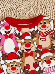 SHEIN Happikins 2pcs/Set Young Girl Casual "Merry Christmas" Cute Cartoon Reindeer Print Red Festive Crew Neck Long Sleeve Sweatshirt And Leggings Outfit, Suitable For Autumn/Winter - Multicolor - View 4
