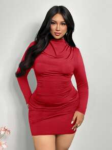 Firerie Plus Size Red Autumn Classy Satin Party Dress, Long Sleeve Ruched Bodycon Mini Dress,Elegant Curvy Fitted Mermaid Style Gala Wedding Valentine's - Red - View 9