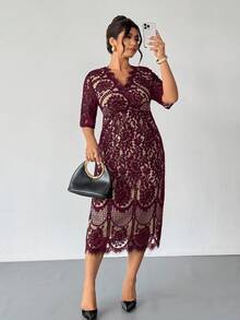 Firerie Plus Size Spring/Autumn Comfortable Casual Elegant Resort Underwire Lace Contrast Lining Stretchy Women Long Sleeve Dress For Office Burgundy/New Year - Burgundy - View 7