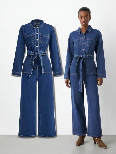 Maija Women's Shirt-Style Denim Jumpsuit, Elegant Jumpsuit With Bow Belt, Straight-Leg Pants, Winter Casual Workplace Wear